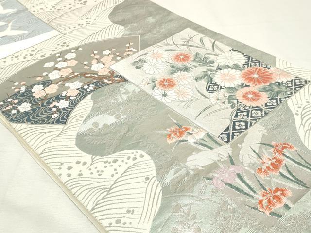 平和屋着物◎六通柄袋帯 地紙飛鶴花文 プラチナ箔 正絹 逸品 DABK8607cm