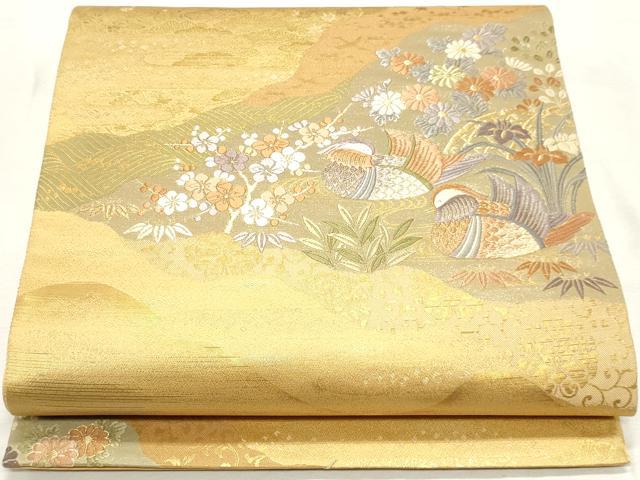 平和屋着物◎六通柄袋帯 唐織 鴛鴦花文 金銀糸 正絹 逸品 DABK8608cm