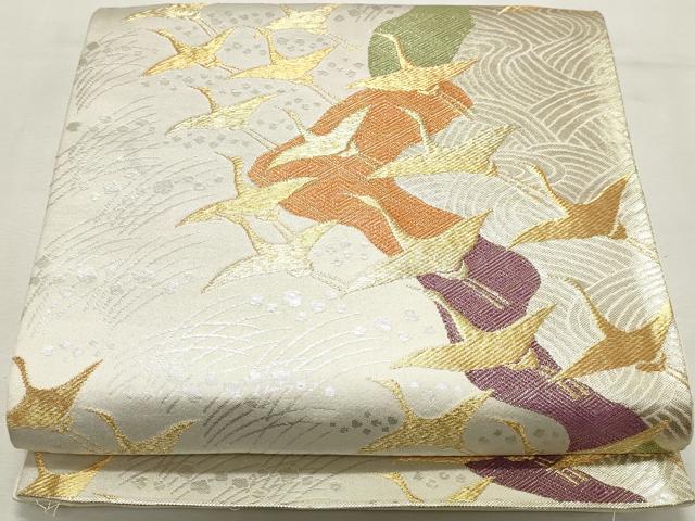 平和屋着物◎六通柄袋帯 吉祥群れ鳥文 九百錦 金銀糸 正絹 逸品 DABK8611cm