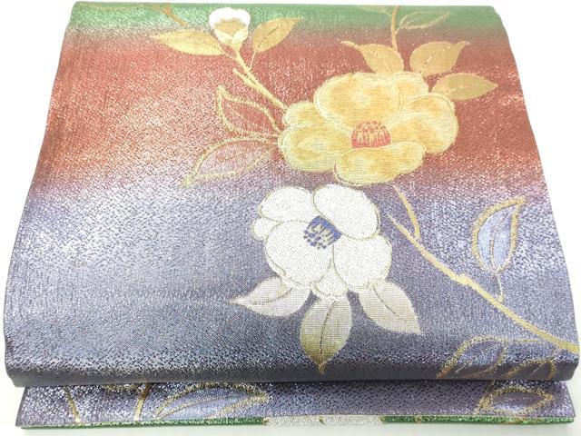 平和屋着物◎佐賀錦 両面 六通柄袋帯 草花文 金銀糸 正絹 逸品 DABK8660cm