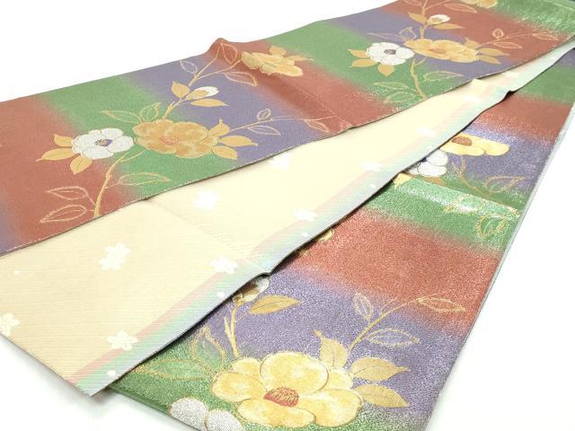 平和屋着物◎佐賀錦 両面 六通柄袋帯 草花文 金銀糸 正絹 逸品 DABK8660cm