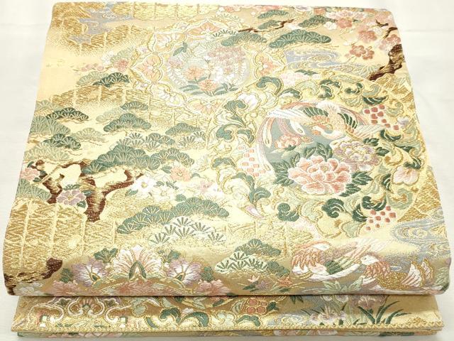 平和屋着物◎六通柄袋帯 唐織 風景花文 金糸 正絹 逸品 DABK8677cm