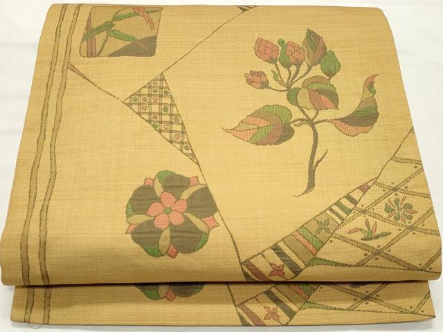 平和屋着物◎六通柄袋帯 切嵌花文 正絹 逸品 DABK8689cm