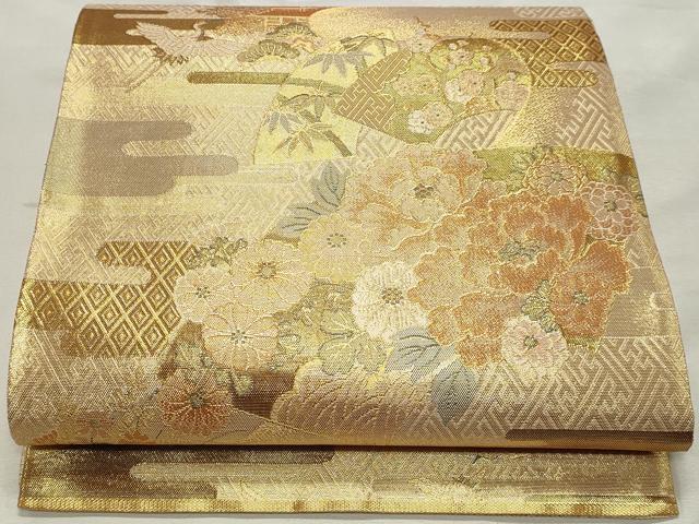 平和屋着物◎佐賀錦 六通柄袋帯 飛鶴風景花文 金糸 正絹 逸品 DABK8692cm
