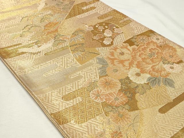 平和屋着物◎佐賀錦 六通柄袋帯 飛鶴風景花文 金糸 正絹 逸品 DABK8692cm