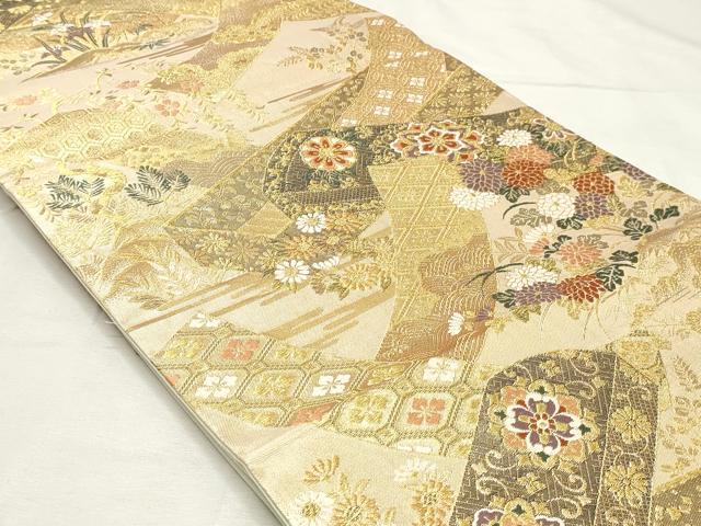平和屋着物◎六通柄袋帯 唐織 風景花文 金糸 正絹 逸品 DABK8694cm
