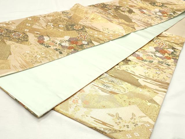 平和屋着物◎六通柄袋帯 唐織 風景花文 金糸 正絹 逸品 DABK8694cm