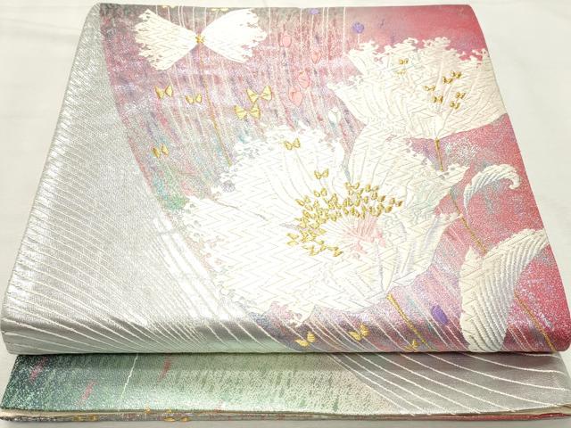平和屋着物◎六通柄袋帯 唐織 花蝶文 金銀糸 正絹 逸品 DABK8695cm
