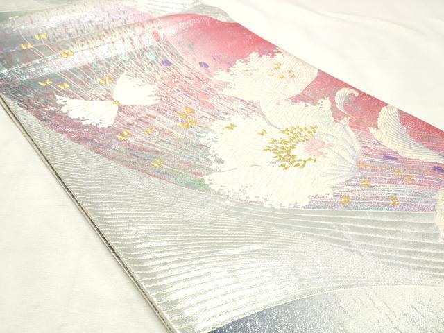 平和屋着物◎六通柄袋帯 唐織 花蝶文 金銀糸 正絹 逸品 DABK8695cm