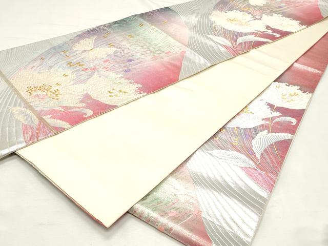 平和屋着物◎六通柄袋帯 唐織 花蝶文 金銀糸 正絹 逸品 DABK8695cm