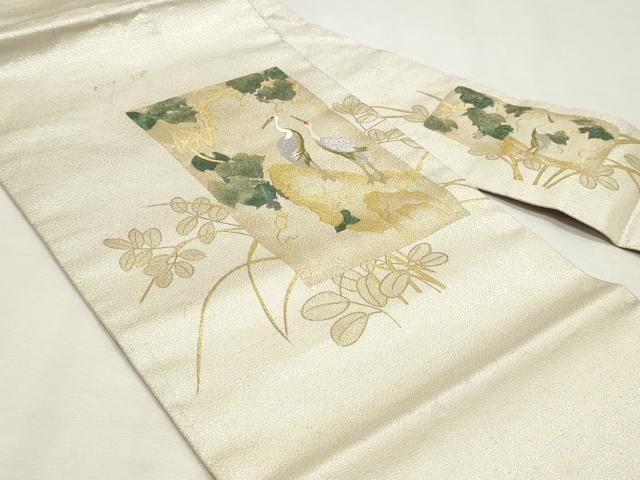 平和屋着物◎九寸名古屋帯 刺繍 群れ鶴葡萄蔦の葉文 金彩 正絹 逸品 DABK8710cm