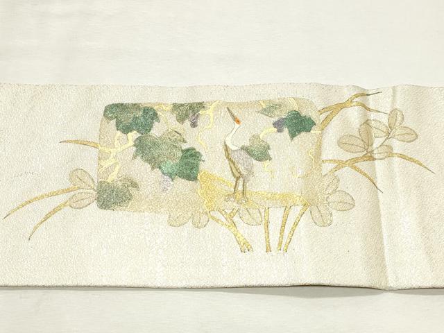 平和屋着物◎九寸名古屋帯 刺繍 群れ鶴葡萄蔦の葉文 金彩 正絹 逸品 DABK8710cm