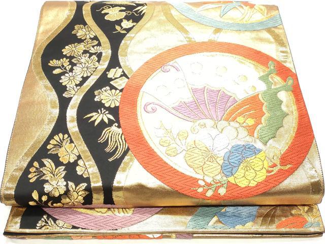 平和屋着物◎西陣 森本織物謹製 六通柄袋帯 唐織 能舞立枠丸文 金糸 証紙付き 正絹 逸品 DABK8737cm