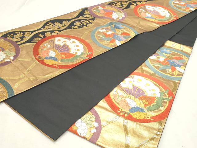 平和屋着物◎西陣 森本織物謹製 六通柄袋帯 唐織 能舞立枠丸文 金糸 証紙付き 正絹 逸品 DABK8737cm