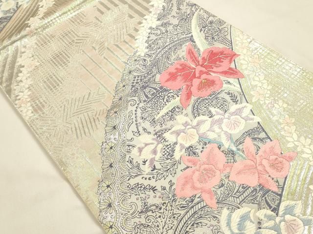 平和屋着物◎六通柄袋帯 唐織 洋花文 ラメ糸 銀糸 正絹 逸品 DABK8741cm
