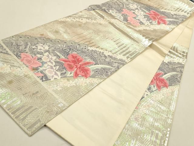 平和屋着物◎六通柄袋帯 唐織 洋花文 ラメ糸 銀糸 正絹 逸品 DABK8741cm