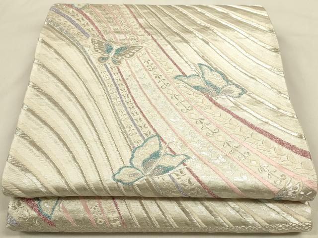 平和屋着物◎六通柄袋帯 立流蝶舞文 銀糸 正絹 逸品 DABK8742cm