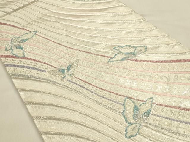 平和屋着物◎六通柄袋帯 立流蝶舞文 銀糸 正絹 逸品 DABK8742cm