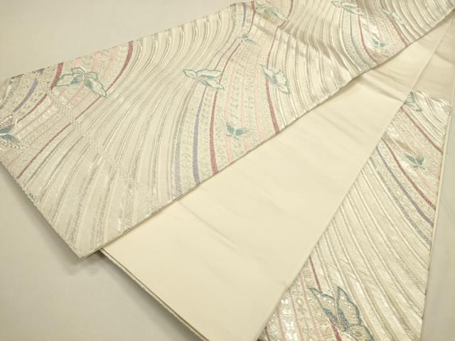 平和屋着物◎六通柄袋帯 立流蝶舞文 銀糸 正絹 逸品 DABK8742cm