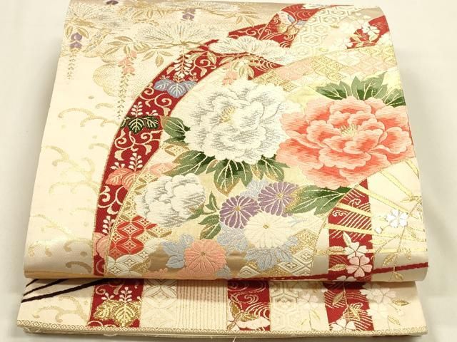 平和屋着物◎六通柄袋帯 唐織 滝流牡丹菊文 金銀糸 正絹 逸品 DABK8744cm