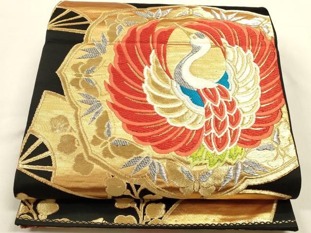 平和屋着物◎六通柄袋帯 唐織 扇面飛鶴花文 黒地 金銀糸 正絹 逸品 DABK8745cm