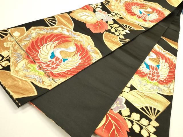 平和屋着物◎六通柄袋帯 唐織 扇面飛鶴花文 黒地 金銀糸 正絹 逸品 DABK8745cm