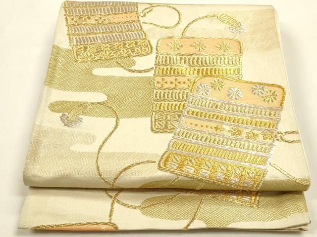 平和屋着物◎六通柄袋帯 鎧縅文 金銀糸 正絹 逸品 DABK8747cm
