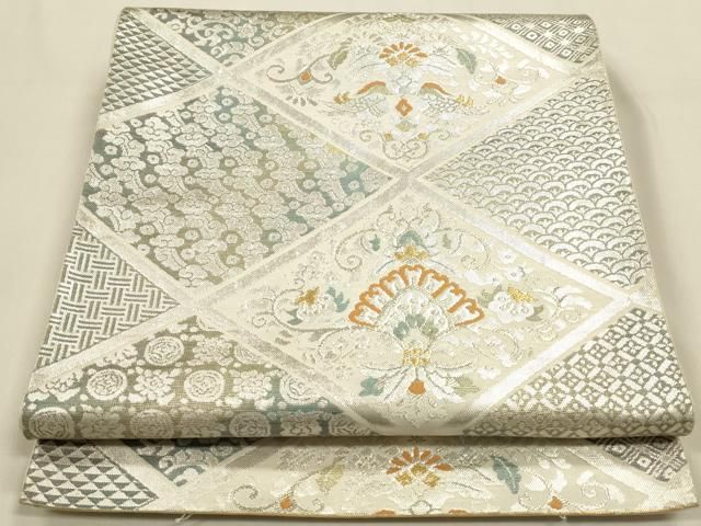 平和屋着物◎六通柄袋帯 格天井花文 銀糸 正絹 逸品 DABK8765cm