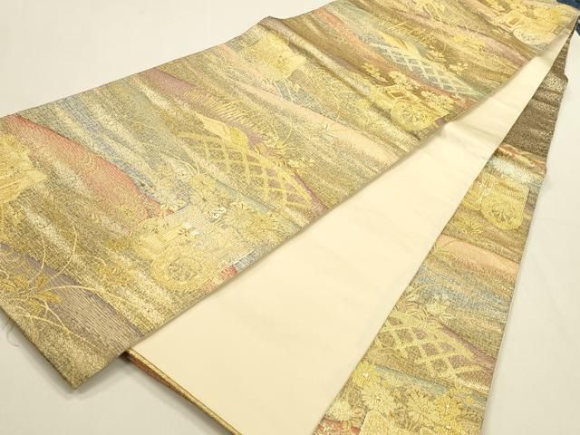 平和屋着物◎六通柄袋帯 籬御所車花文 金銀糸 正絹 逸品 DABK8767cm