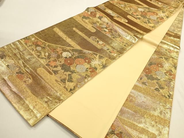 平和屋着物◎六通柄袋帯 遠山露蒔絵文 彩箔 金糸 正絹 逸品 DABK8774cm