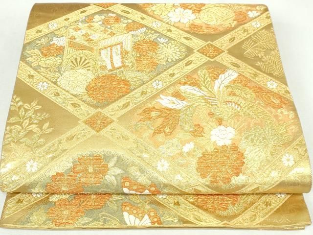 平和屋着物◎六通柄袋帯 天井御所車花文 金糸 正絹 逸品 DABK8778cm