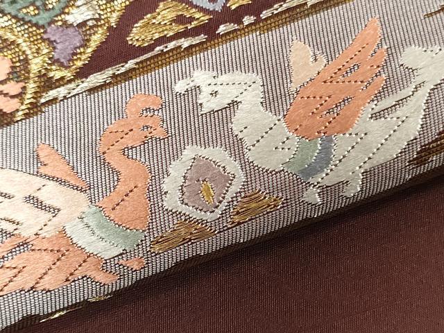 平和屋着物▼西陣 しらえ織物謹製 名古屋帯 帯反物 唐織 花鳥文 金銀糸 証紙付き 逸品 未使用 DABK9109zy