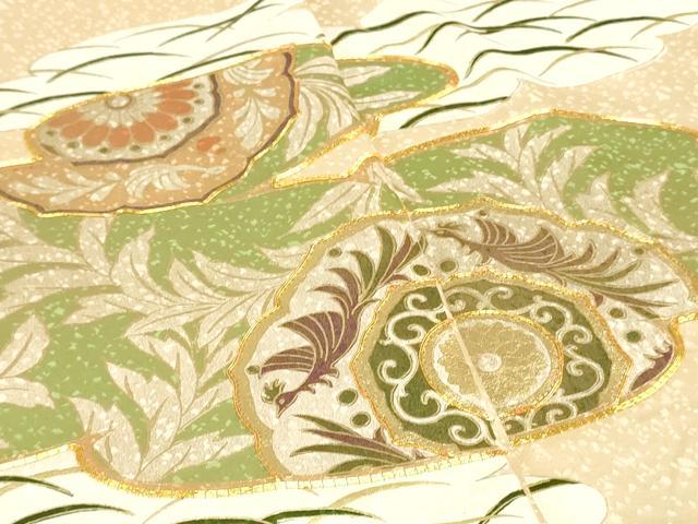 平和屋着物▼付下げ 反物 着尺 駒刺繍 尾長鳥花唐草文 金彩 逸品 未使用 DABK9148zy