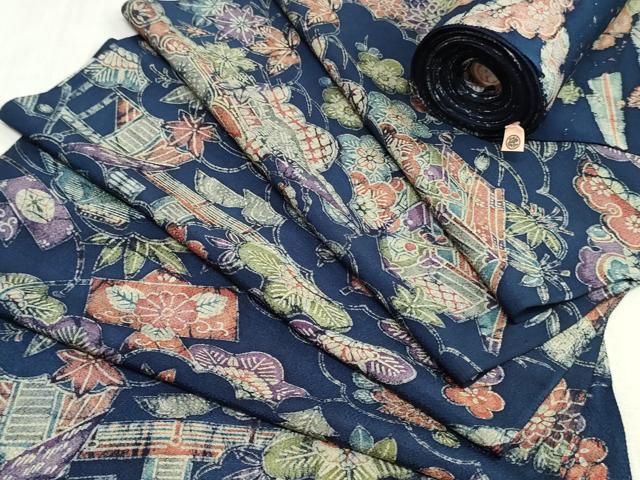 平和屋着物▼小紋 反物 着尺 ろうけつ染め 御所解文様 鬼しぼ縮緬 三越扱い 逸品 未使用 DABK9178zy