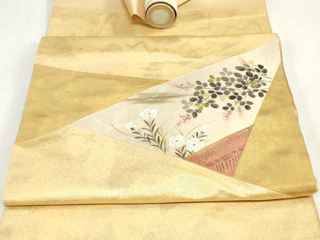 平和屋着物▼西陣 名古屋帯 帯反物 手描き 切り嵌め草花文 証紙付き 逸品 未使用 DABK9319zy