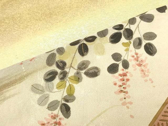 平和屋着物▼西陣 名古屋帯 帯反物 手描き 切り嵌め草花文 証紙付き 逸品 未使用 DABK9319zy
