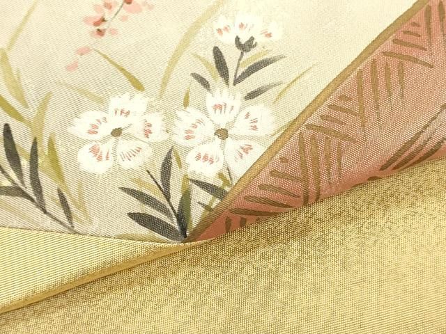 平和屋着物▼西陣 名古屋帯 帯反物 手描き 切り嵌め草花文 証紙付き 逸品 未使用 DABK9319zy