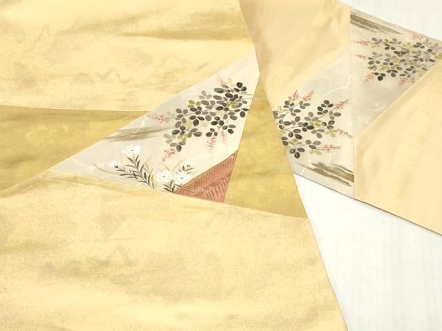 平和屋着物▼西陣 名古屋帯 帯反物 手描き 切り嵌め草花文 証紙付き 逸品 未使用 DABK9319zy