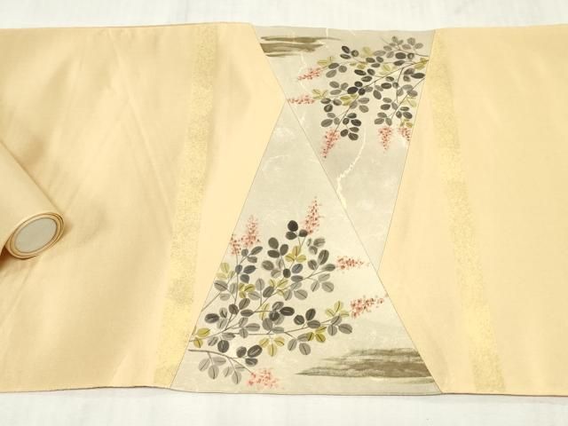 平和屋着物▼西陣 名古屋帯 帯反物 手描き 切り嵌め草花文 証紙付き 逸品 未使用 DABK9319zy