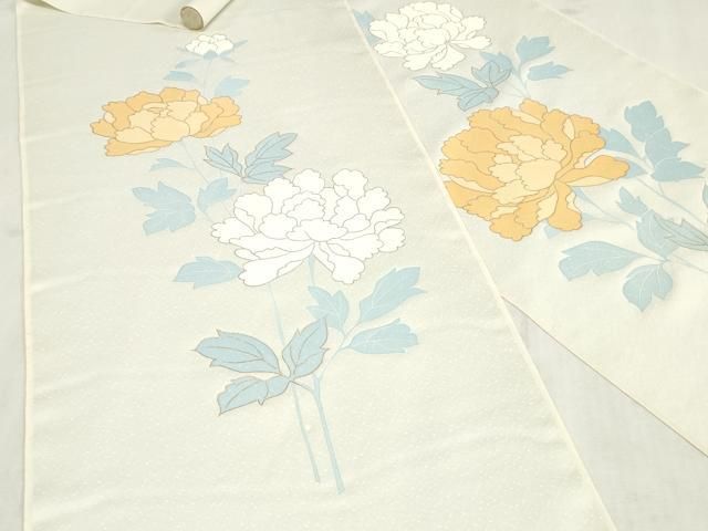 平和屋着物▼付下げ 反物 着尺 駒刺繍 牡丹 金彩 白花色 逸品 未使用 DABK9384zy