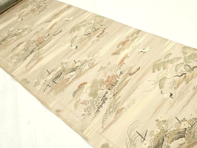 平和屋着物▼袋帯 帯反物 飛鶴風景文 金糸 逸品 DABK9471zy