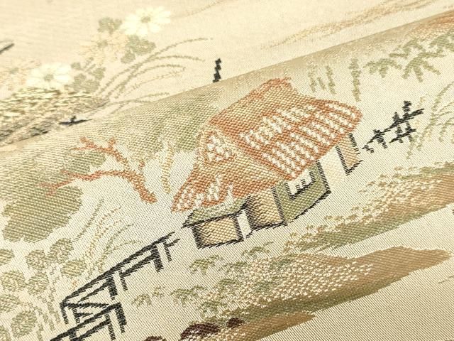 平和屋着物▼袋帯 帯反物 飛鶴風景文 金糸 逸品 DABK9471zy