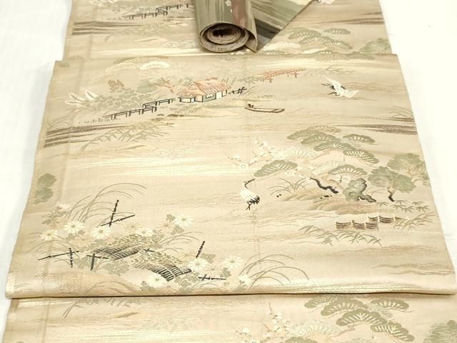 平和屋着物▼袋帯 帯反物 飛鶴風景文 金糸 逸品 DABK9471zy