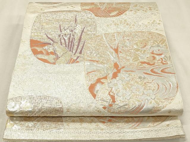 平和屋着物◎六通柄袋帯 流水花文 金銀糸 正絹 逸品 DABK9522cd