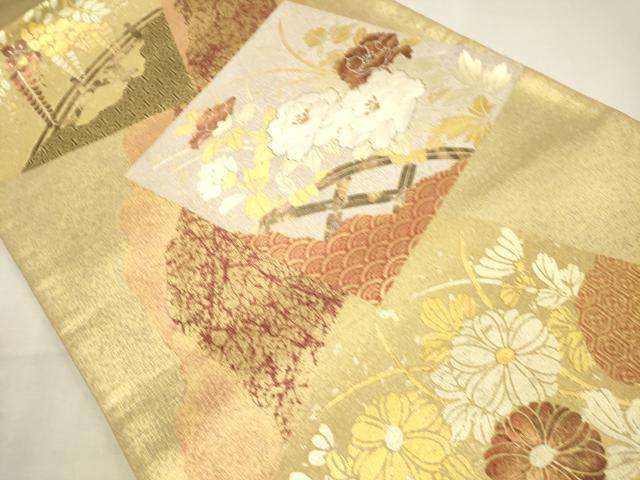 平和屋着物◎太鼓柄袋帯 刺繍 色紙重ね花文 金彩 正絹 逸品 DABK9546cd