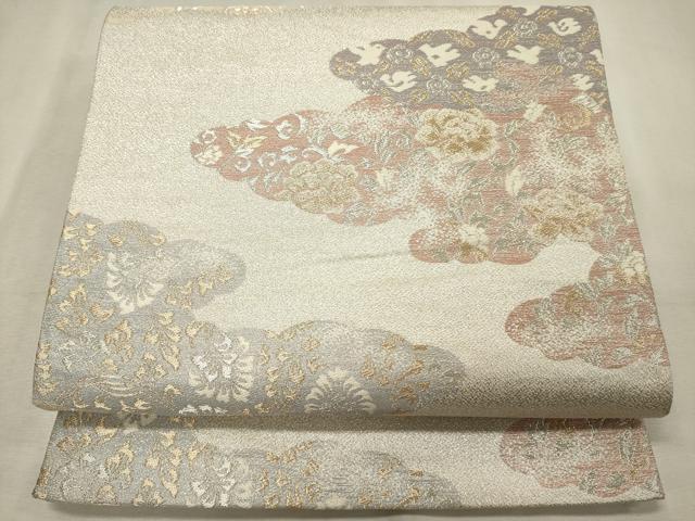 平和屋着物◎六通柄袋帯 雲重ね花文 金銀糸 正絹 逸品 DABK9547cd