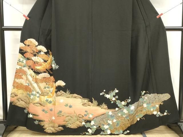平和屋着物■豪華黒留袖 駒刺繍 飛鶴松文 金銀彩 正絹 逸品 DABK9798cd