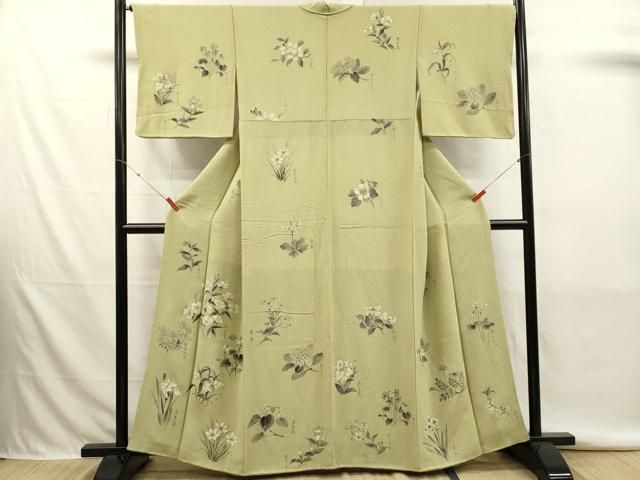 平和屋着物■訪問着 手描き 草花文 鬼しぼ縮緬 正絹 逸品 DABK9801cd