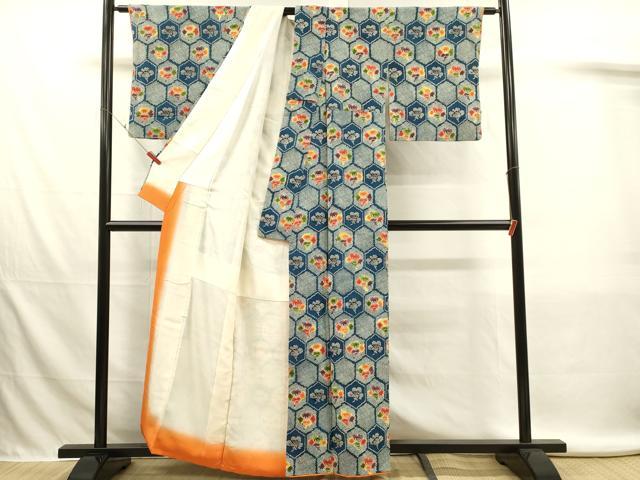 平和屋着物■上質な小紋 亀甲花文 鬼しぼ縮緬 正絹 逸品 DABL0032qp