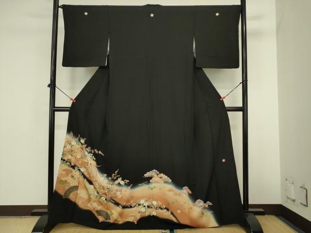 平和屋着物■豪華黒留袖 作家物 駒刺繍 扇面鳳凰花文 暈し染め 金彩 正絹 逸品 DABL0547ya